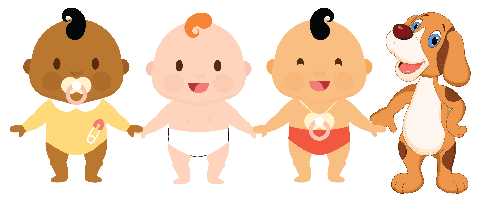 cartoon of 3 happy babies and a happy puppy